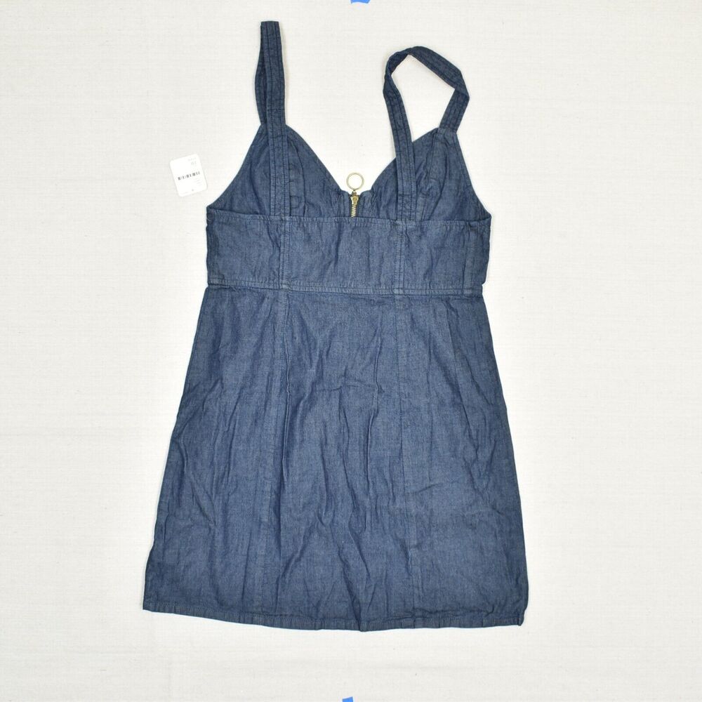 NEW Free People Sheath Denim Dress V Neck Zip Cotton Blue Size 10 Sleeveless - Picture 3 of 8